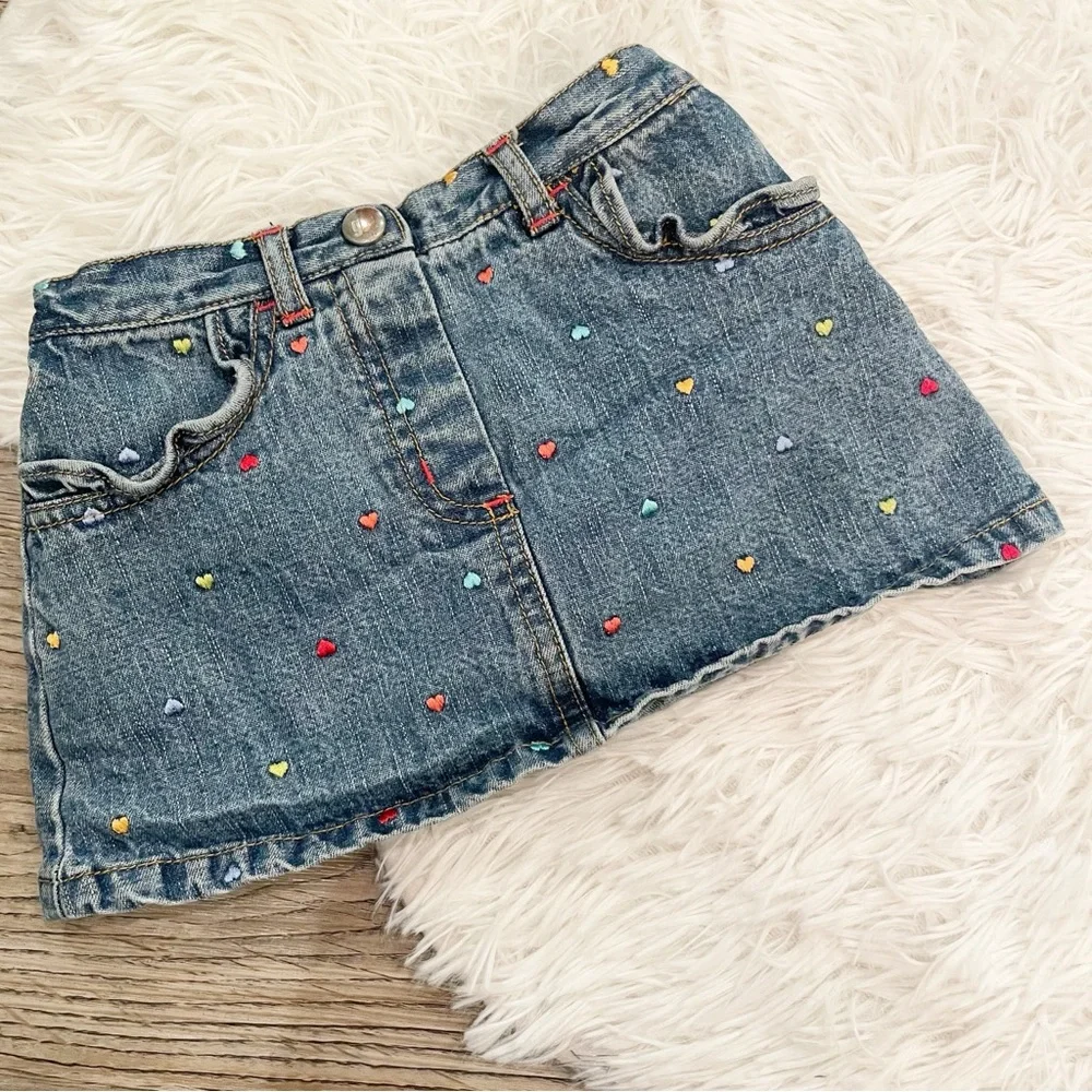 Vintage Gymboree Hearts Embroidered Denim Skirt Skort 18 24 Month 2000s Spring